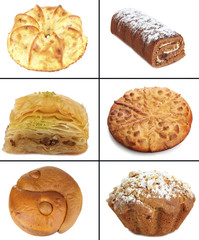 Collage of different pastries and bakery items, isolated