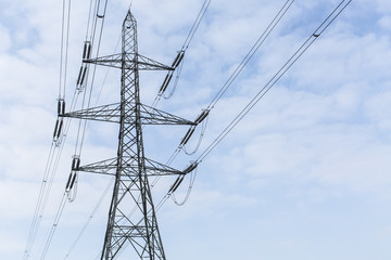 Lone power pylon against a light blue sky with clouds