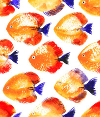 Naklejka premium Vector seamless pattern with watercolor discus fish