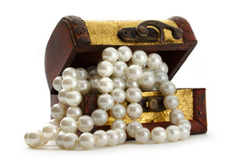 Wooden chest with white pearl necklace