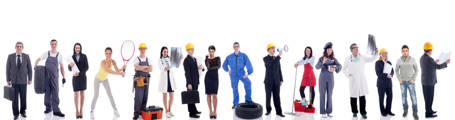 Group of industrial workers. Isolated on white background. - obrazy, fototapety, plakaty