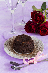 Chocolate fondant dessert with roses