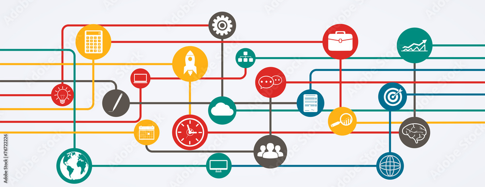Poster network connections, information flow with icons in horizontal p