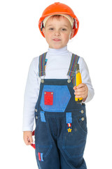 little boy in the construction helmet holding a knife constructi