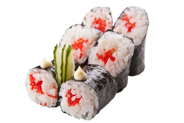 Japanese sushi rolls on white background