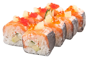 Japanese sushi rolls on white background