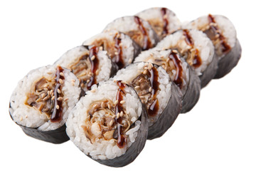 Japanese sushi rolls on white background