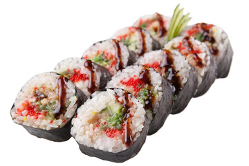 Japanese sushi rolls on white background