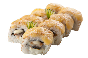 Japanese sushi rolls on white background