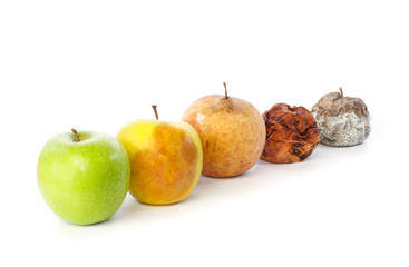 Five apples in a row in various states of decay