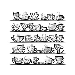 Ornate mugs on shelves, sketch for your design