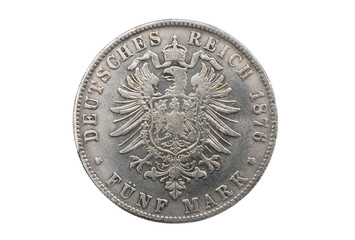 Old silver five mark of Germany over white