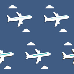 Seamless pattern. Airplanes and clouds over blue background.