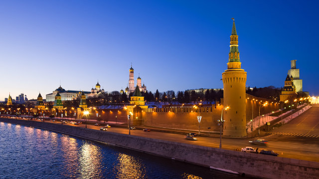 Moscow, Russia: Panorama of Kremlin in the evening