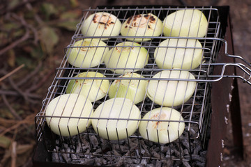 Slices of onions on barbecue grill