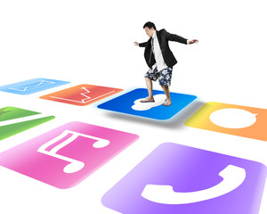 Man skiing on shiny cloud icon with colorful app buttons