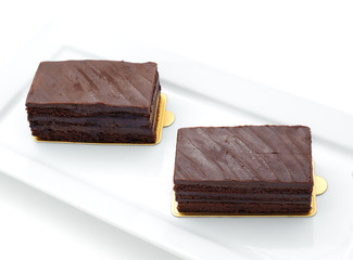 Chocolate sponge cakes on white plate