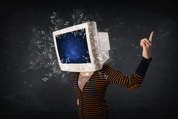 Computer monitor screen exploding on a young persons head
