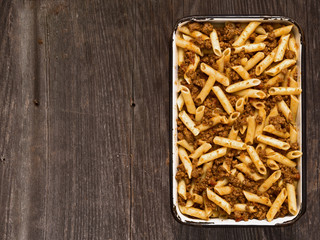 tray of rustic bolognese pasta