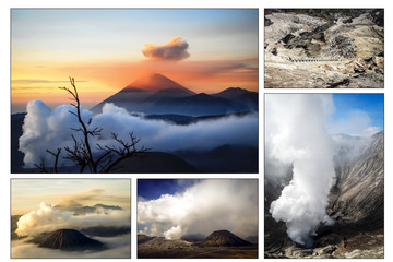 Collage aktiver Vulkan Mount Bromo auf Java Indonesien