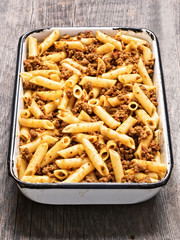tray of rustic bolognese pasta