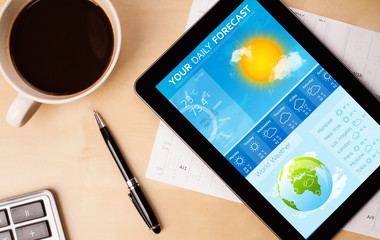 Tablet pc showing weather forecast on screen with a cup of coffe