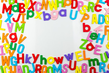 Alphabet magnets forming frame on whiteboard