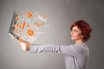 Beautiful lady holding notebook with graphs and statistics