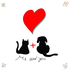 Cat with dog for love greeting card