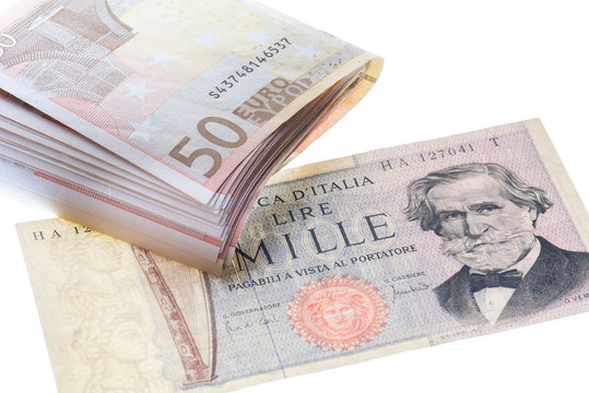 Vintage italian banknotes  and euro money