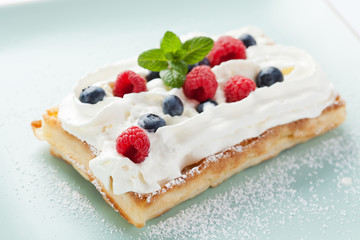 Fresh homemade brussels waffle with berries