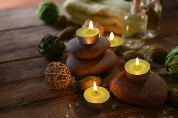 Composition of spa treatment on wooden background