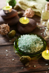 Composition of spa treatment on wooden background