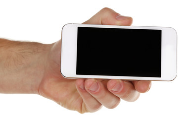 Hand holding mobile smart phone isolated on white