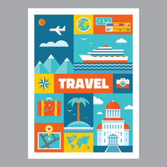Travel - poster with icons in flat style. Travel illustrations.