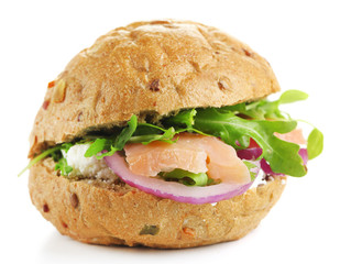 Sandwich with salmon isolated on white