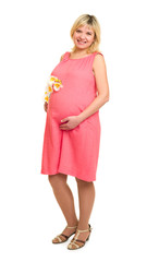 pregnant woman with flowers in red dress