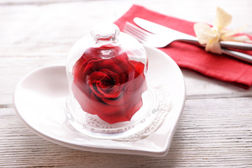 Festive table setting for Valentines Day on table background
