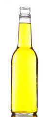 Colorful alcoholic beverage in glass bottle isolated on white