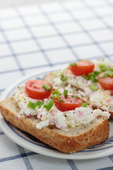 Cottage cheese with radish, chives and cherry tomatoes.