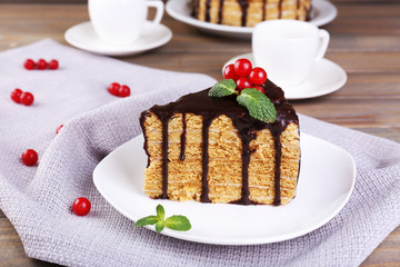 Chocolate cake on table