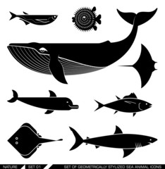 Naklejka premium Set of geometrically stylized sea animal icons