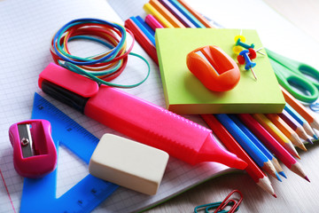 School supplies on desk, close-up