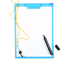 Clipboard with whistle and marker isolated on white
