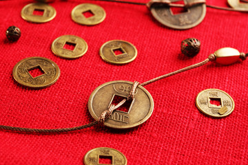 Feng shui coins on table close-up
