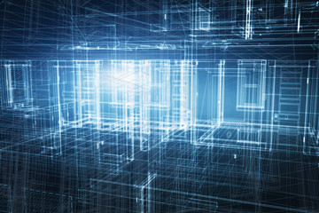 House 3d project, design in blueprint wireframe, structure