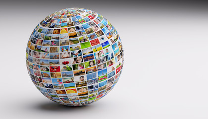 Obraz premium Globe, ball with various pictures of people, nature, places