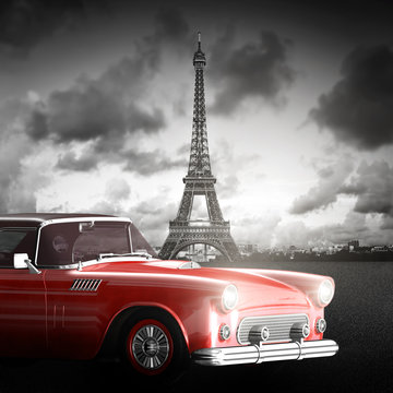 Fototapeta Wieża Effel, Paryż, Francja i retro czerwony samochód. Czarny i biały