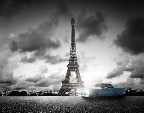 Fototapeta Effel Tower, Paryż, Francja i samochód retro. Czarny i biały