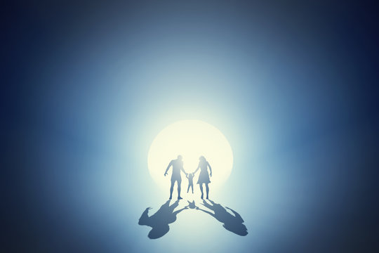 Family Going Towards Light Out Of Deep Tunnel. Concept